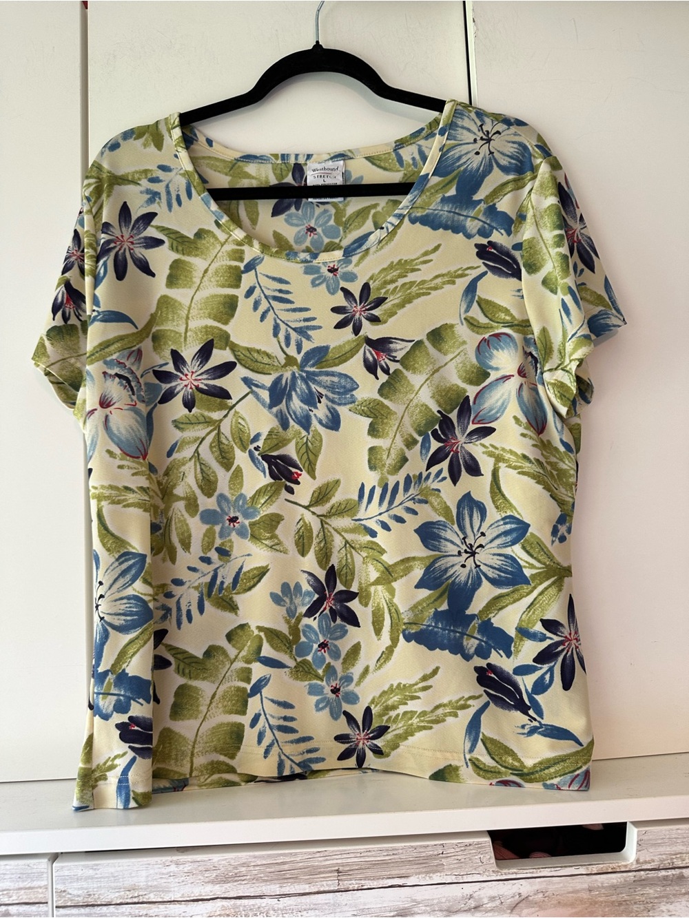 🌺 Westbound Stretch Floral Short Sleeve Top Large Blue Green Tropical Print